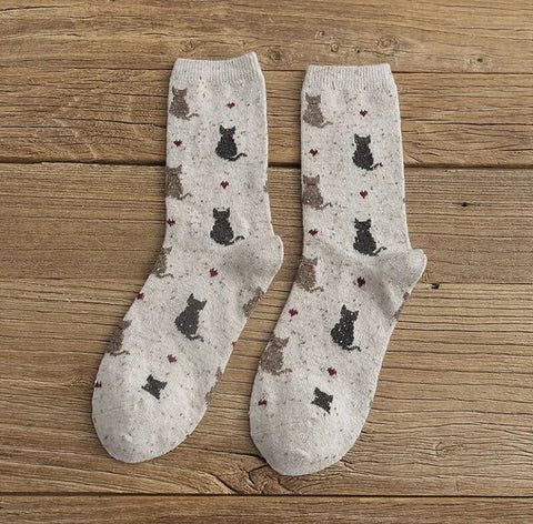 Women’s Knitted Cat Socks - Cream
