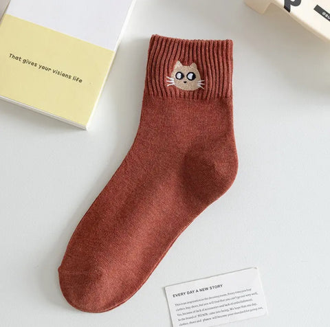 Embroidered Cat Socks - Brick Red