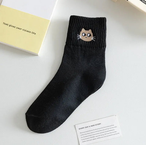 Embroidered Cat Socks - Black