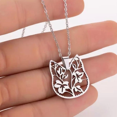 Cat Flower Necklace - Silver