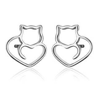 Cat Heart Earrings - Silver