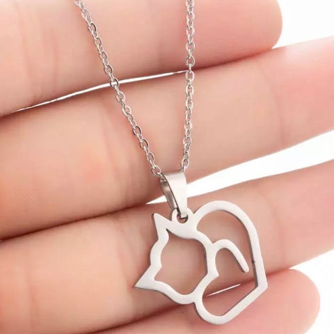 Cat Heart Necklace - Silver
